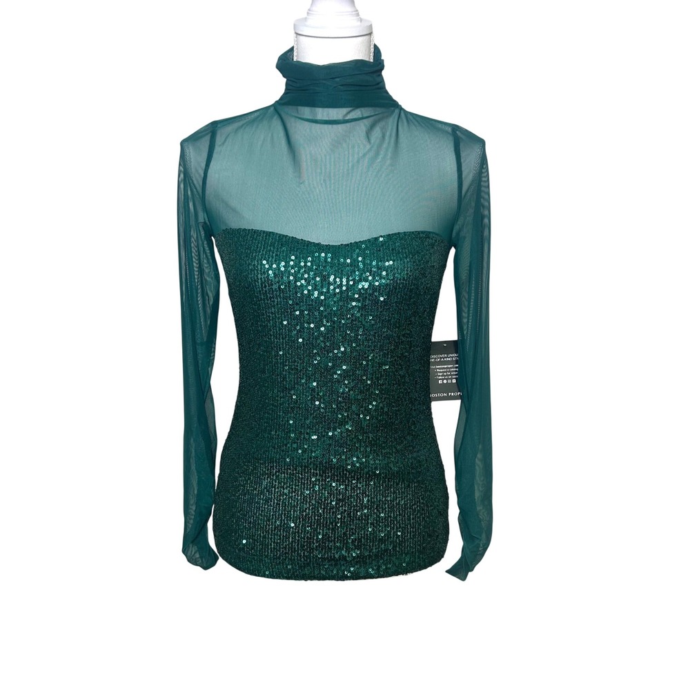 Boston Proper NWT Sequin Sheer Mesh Turtleneck Top Teal Green Ruched Sleeve S